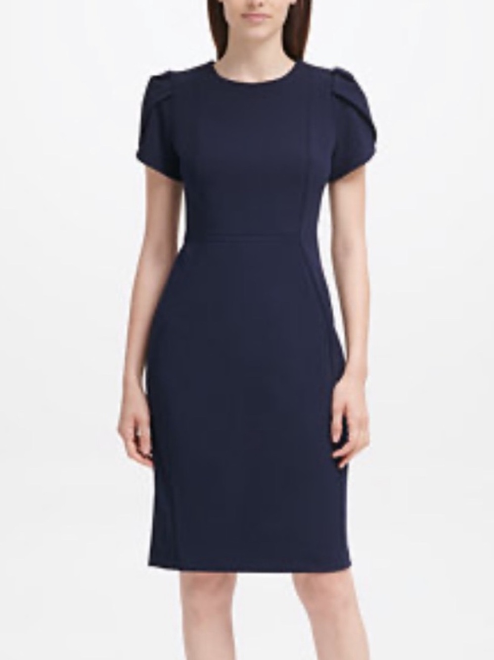 Calvin Klein Blue Sheath Dress Tulip Sleeve Knee Length Scuba Stretch, Sz 6 NWT